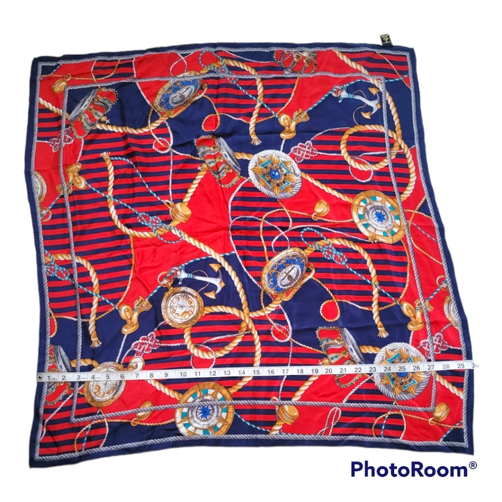 Art of the Scarf for Tie Rack silk red and navy blue 30×30 Nautical print scarf